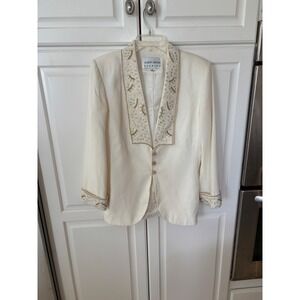 Albert Nipon Evening Womens Ivory Beaded Pearl Embroidered Blazer Jacket Size 10
